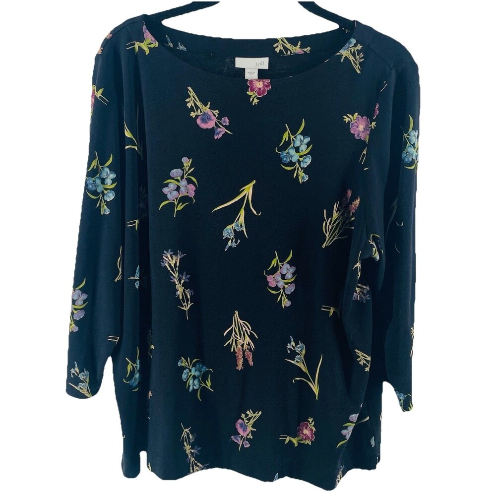 J.Jill Women’s Floral Knit Top Black Large Soft Cottagecore Artsy Boho Fall